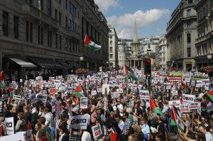 Demonstrators join a rally to support the people of Gaza, in central London