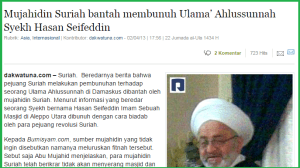Contoh artikel dakwatuna, mendukung pemberontak Suriah, disebut Mujahidin