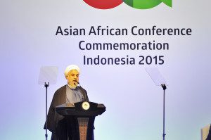 Presiden Iran Hassan Rouhani menyampaikan Pidato dalam Konferensi Tingkat Tinggi (KTT) Asia Afrika 2015, di Jakarta Convention Center (JCC), Rabu (22/4).