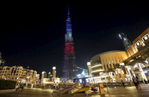 Burj Khalifa, the tallest tower in the world, is seen lit up in blue, white and red, the colours of the French national flag, following the Paris attacks, in Dubai